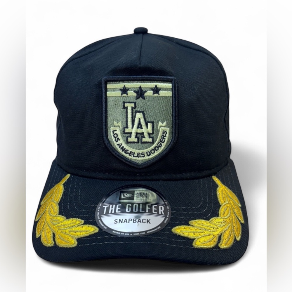 New Era LA Dodgers Golfer Snapback Hat Military Salute Gold Leaf Brim Cap